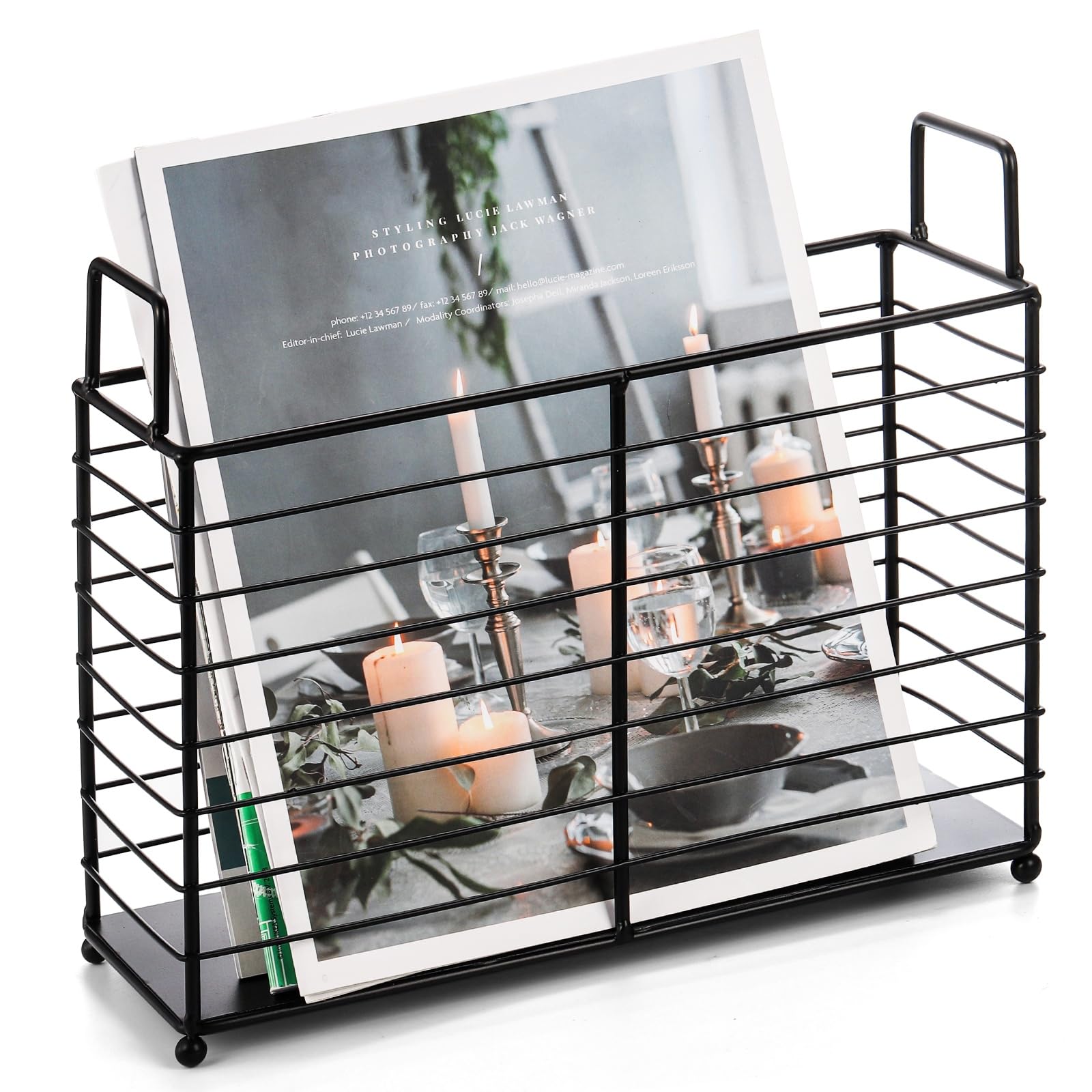 Photo 1 of Noamus Metal Magazine Rack, Newspaper Book Tablet Storage Basket, File Holder Mail Organizer Bin with Handles, Iron Wire Black Folder Stand Holder for Home Office Bathroom Bedroom Den Living Room