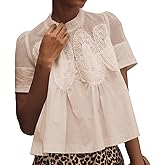 synound Women’s Lace Flared Short Sleeve Blouse Lace Poplin Ruffle Mesh Crew Neck Swing Babydoll Tops Elegant Loose Shirts