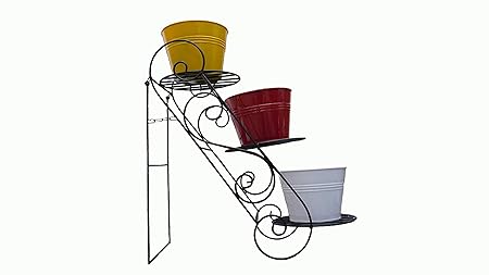 GIG Handicrafts 3-Tier Iron Decorative Potted Plants Shelf Plant Stand with 3 Metal Pots for Balcony (62 cm x 26 cm x 63 cm, Multi)