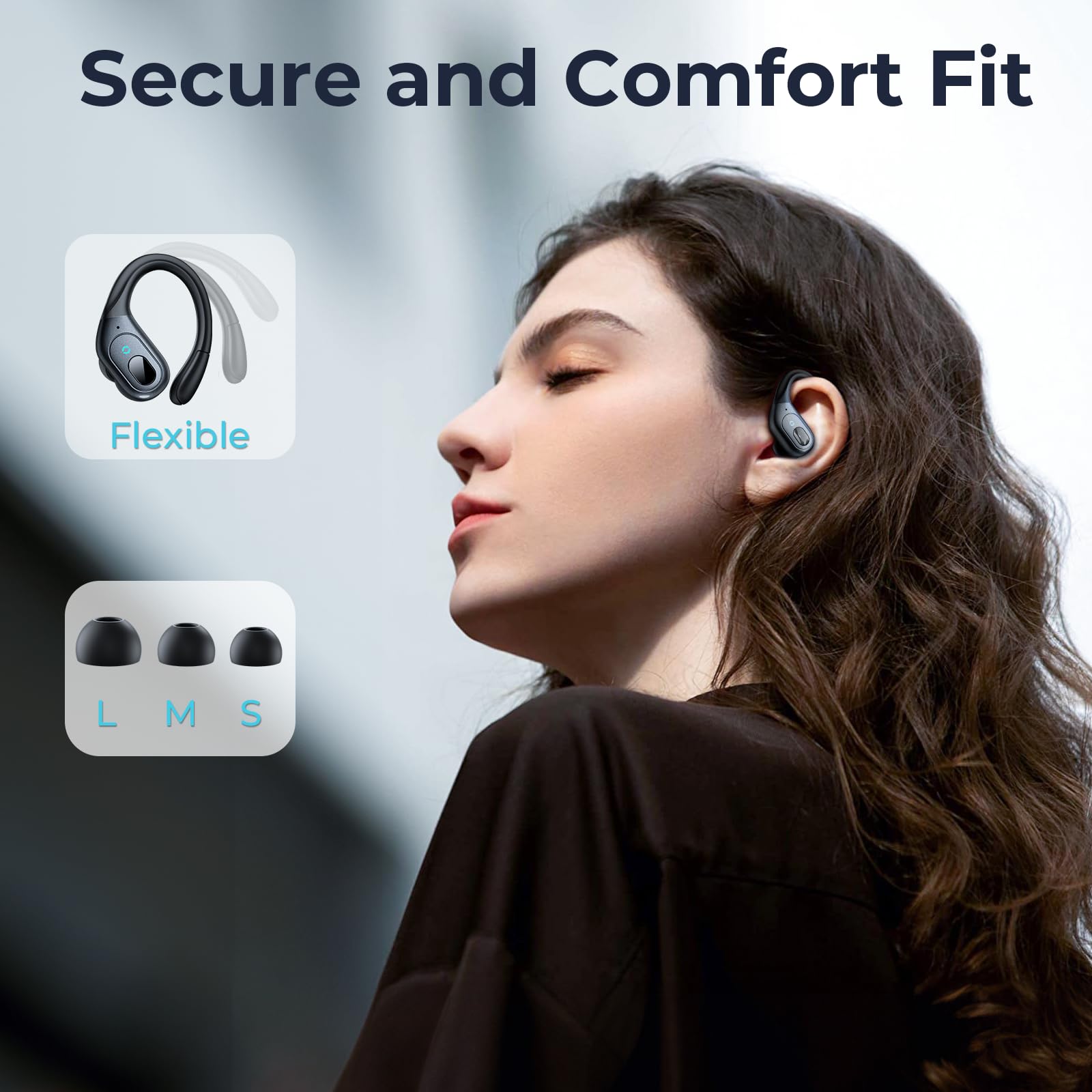 occiam Active Noise Cancelling Ear Buds Bluetooth Headphones Wireless Earbuds 90Hrs Playback Stereo Bass Earphones with Over-Ear Hooks IPX7 Waterproof Earbud for Sports Running Gym Workout Deep Black