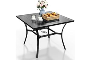 DWVO 37" Patio Table with 1.57" Umbrella Hole, Square Outdoor Patio Dining Table, Wood Grain Imitation Outdoor Dining Table Ideal for Backyard Garden Lawn, Black