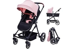 Klysiora 2-in-1 Pushchair Reversible Infant seat, Bassinet with one-Hand Folding Convenience Pushchair with Recliner and Extra-Large Canopy - Pink (Pink)