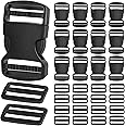 RYKOMO 15 Set 1.5 Inch Side Release Buckles Plastic Clips 30 PCS Tri-Glide Slides, Heavy Duty Dual Adjustable Plastic Buckle No Sewing Black Buckle Replacement for Backpack Luggage Strap Pet Collar