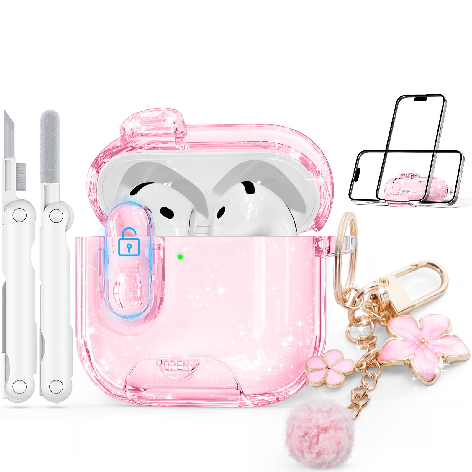 Skyconser for AirPods 4 Case 2024 with Safety Lock,Glitter Pink