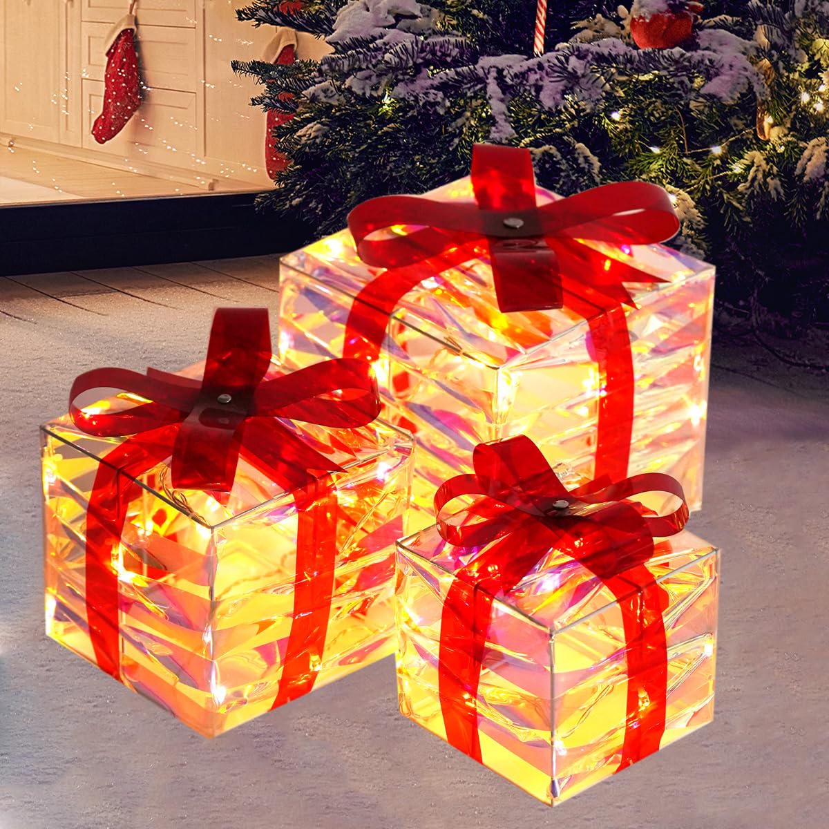 Set of 3 Christmas Lighted Gift Boxes, Color Changing Pre-lit Xmas Tree ...
