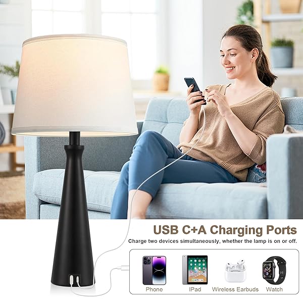 SEEALLE MODERN TABLE LAMPS SET OF 2 – TOUCH BEDSIDE LAMP FOR NIGHTSTAND WITH DUAL USB C+A,3-WAY DIMMABLE BLACK NIGHTSTAND LAMPS FOR LIVING ROOM BEDROOM END TABLE(BULB INCLUDED)
