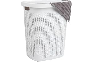 Mind Reader 50L Slim Laundry Hamper, Clothes Basket, Lid, Wicker Design, Plastic, 17.65"L x 13.75"W x 21"H, White