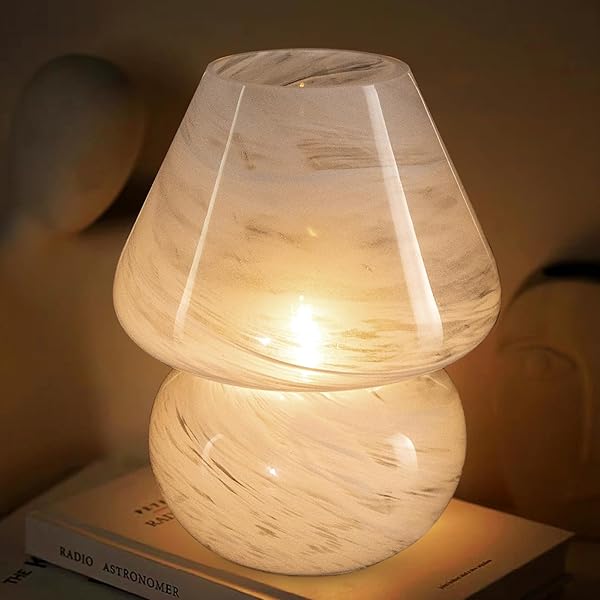 Kaowod Battery Operated Ribbed Glass Mushroom Table Lamp with  