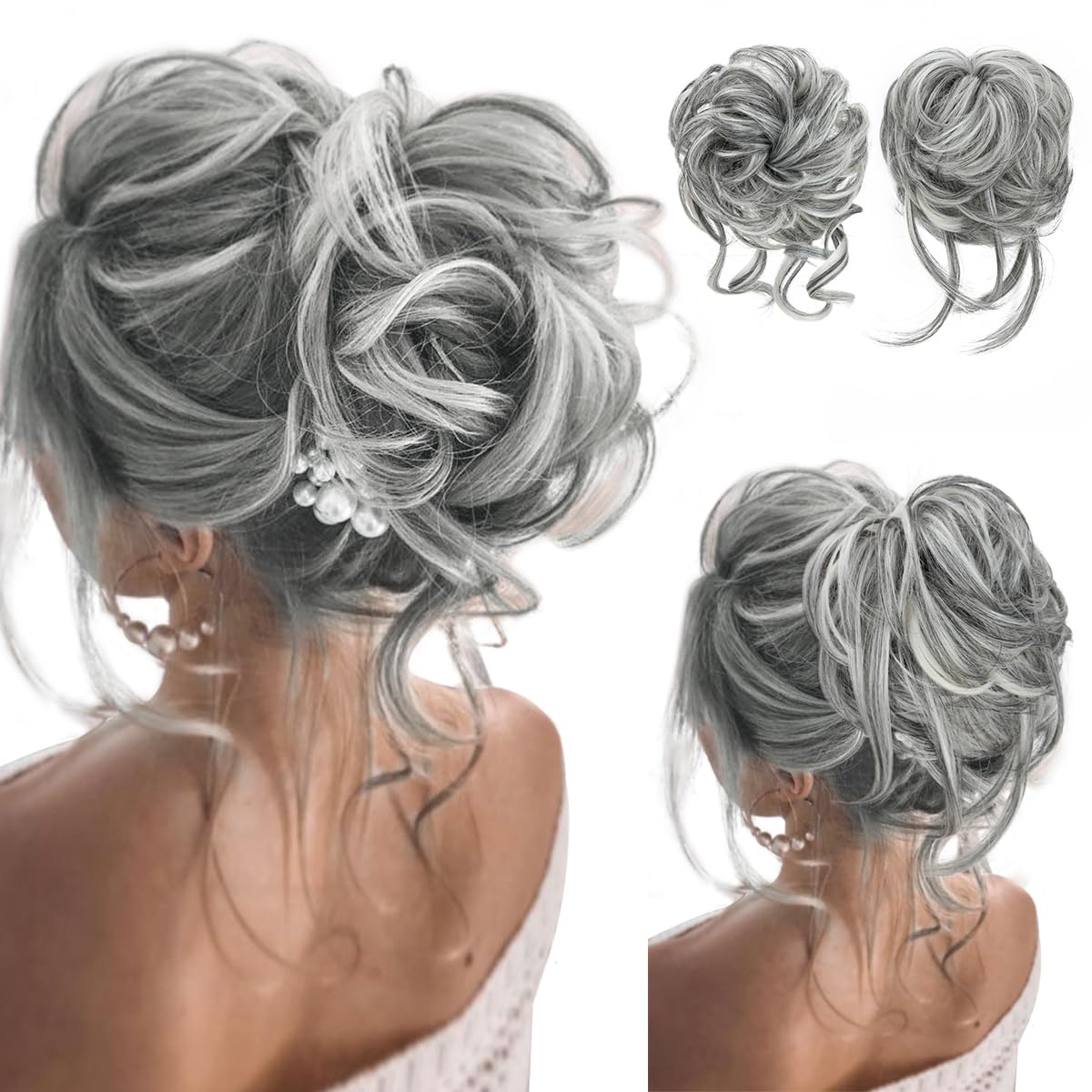 Photo 1 of SARLA 2PCS Grey Messy Bun Hair Pieces for Women Wavy Curly Synthetic Hairpieces for Updos with Tendrils Fake Scrunchies Ponytail Extension Dark Grey