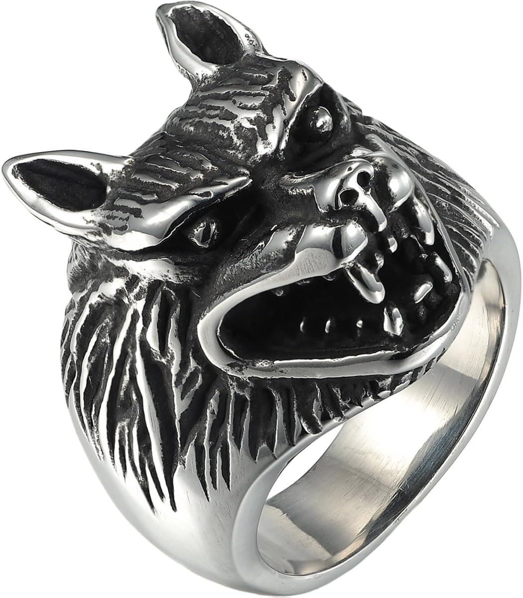 Housweety Stainless Steel Men's Ring Fierce Wolf Head Gothic Ring Hip-hop Ring