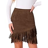 Allegra K Faux Suede Skirt for Women's Vintage High Waist Fringe Trim Stretch Bodycon Mini Skirts
