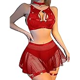 Lilosy Sexy Fishnet Stocking Chocker Strappy Underwire O Ring Skirt Women Lingerie Set 5 Piece