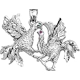 Animal Kingdom Sterling Silver Red and Green CZ Fighting Roosters Pendant