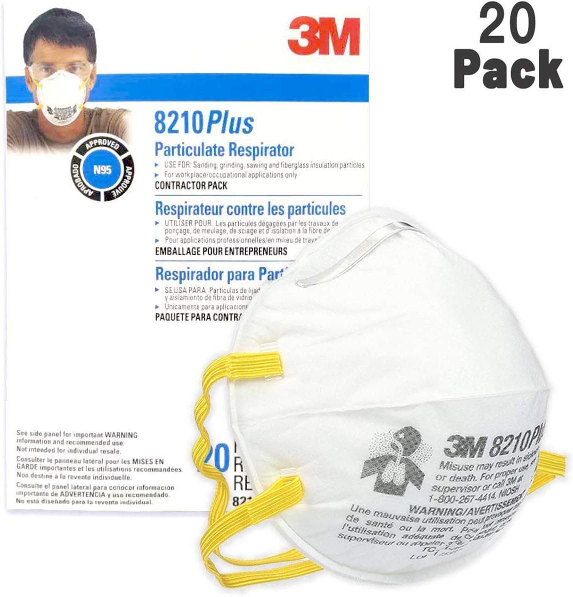 3M 8210 N95 Dust Masks Full Face Mask with Free Adjustable Headgear N95 Mask Full Face Mask Dust Masks (20packs) NIOSH Certified