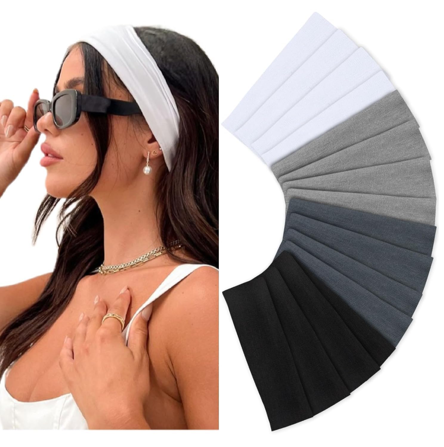 Photo 1 of Headbands for Women Non Slip 16 Pack Elastic Sports Hair Bands for Women, Soft Cotton Cloth Headband for Workout Yoga Fashion Hair Accessories, Black White Gray Trendy Head Bands