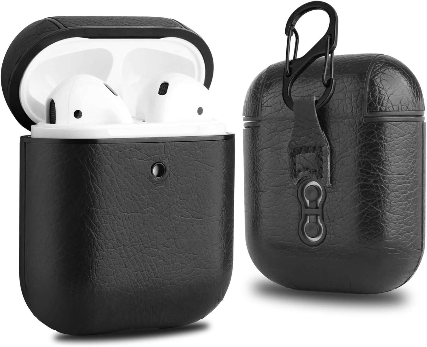 DEALPICK Leather Case Portable Rich Color with Metal Clasp Accessories Compatible with Aiprods 1 & 2 Support Wireless Charging - Deep Black