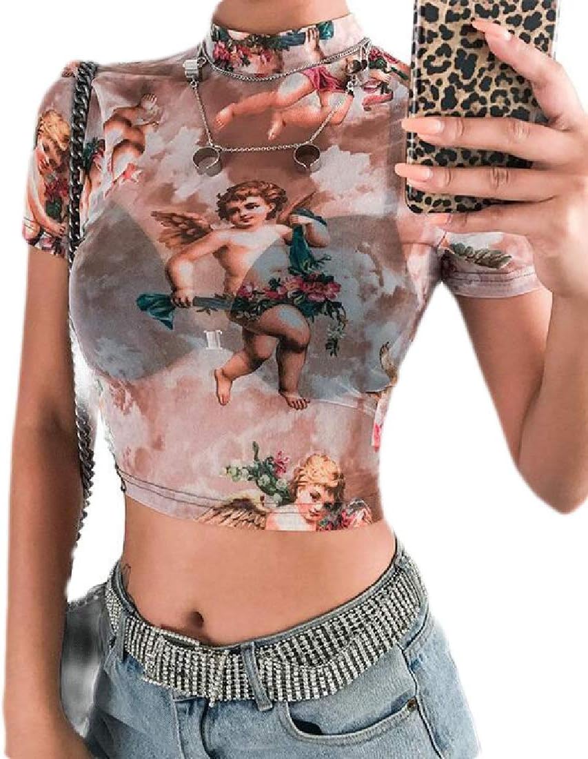 Gocgt Women Angel Print Mock Neck Sheer Mesh T-Shirt Streetwear Turtleneck Crop Tops