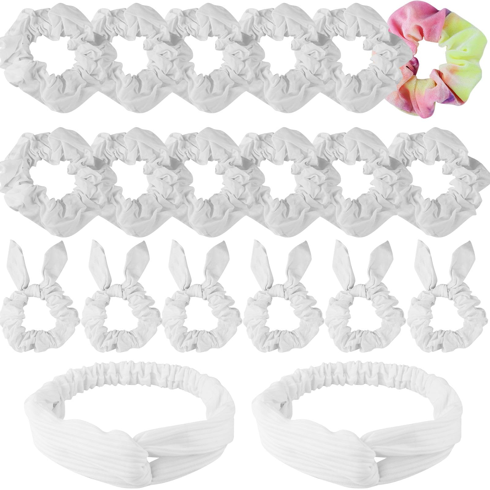 20 Pieces, White Scrunchies for Tie Dye, DIY Cotton Bow Scrunchies, Headbands, 3 Kinds of Hair Accessories for Girls Women Ponytail Party Activities