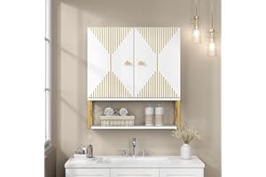 VOXANOXI Bathroom Wall Mounted Cabinet Over Toilet, Bathroom Cabinet with Golden Trim, Wood Medicine Cabinet with 2 Doors and Open Shelf, Hanging Storage Cabinet for Living Room Kitchen