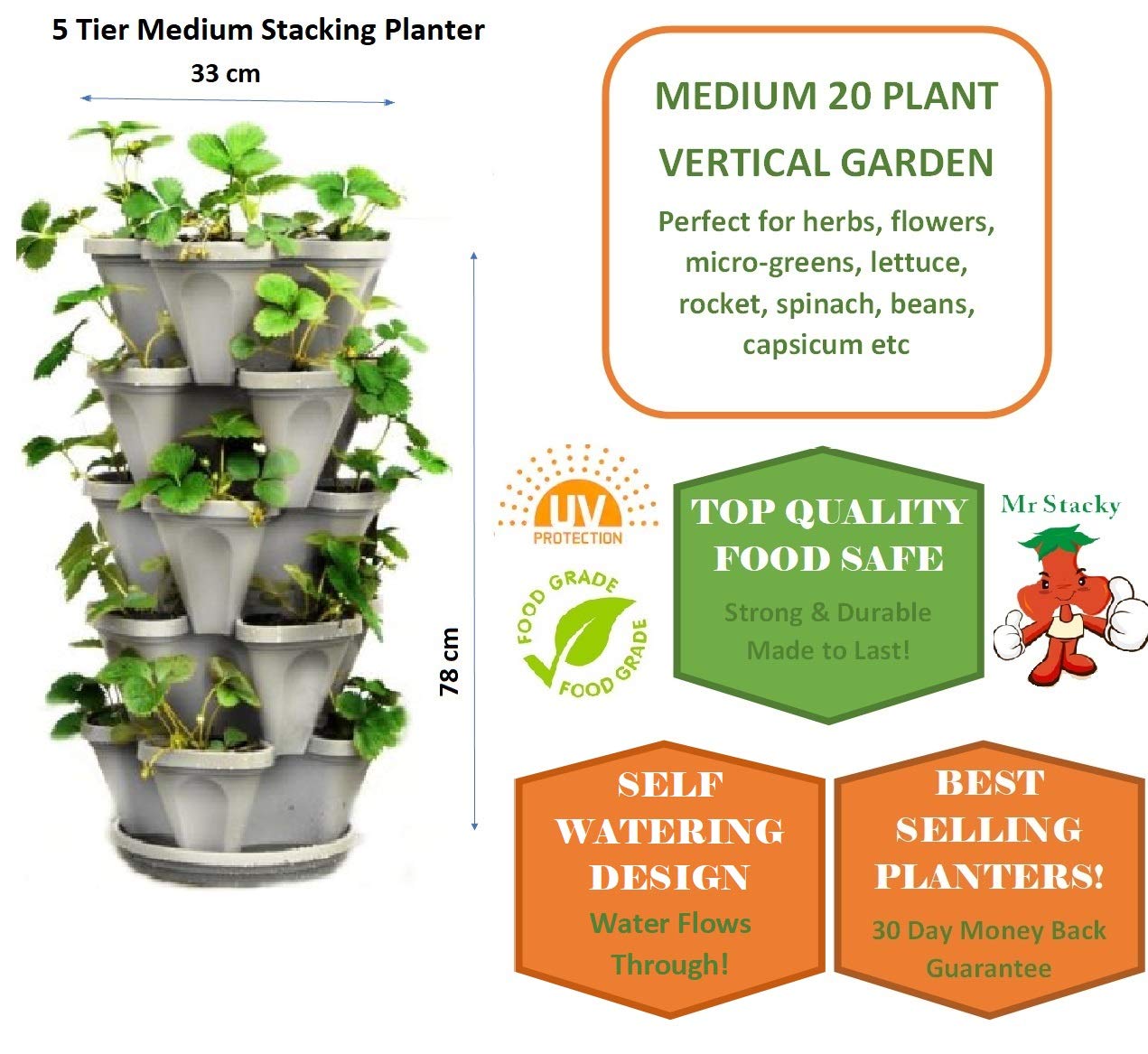5-Tier Stackable Strawberry, Herb, Flower, Vegetable Planter - Vertical Gardening Indoor/Outdoor Stacking Garden Pots - Black