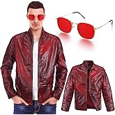Maiteenly Red Men Leather Jacket Racer Style Casual Leather Jacket with Red Sunglasses Halloween Cosplay Costumes