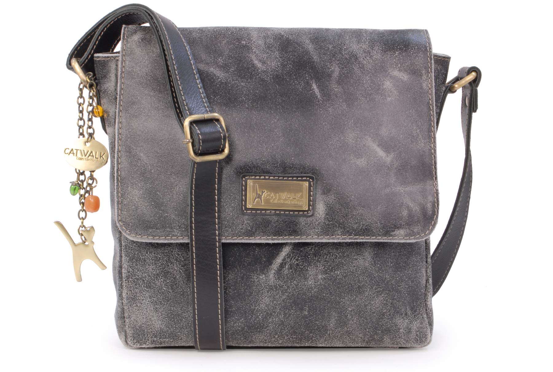 Catwalk Collection Handbags - Distressed Leather Cross Body Bag For Women - Medium Messenger - A5 Size Organiser Work Bag - Sabine M - Black