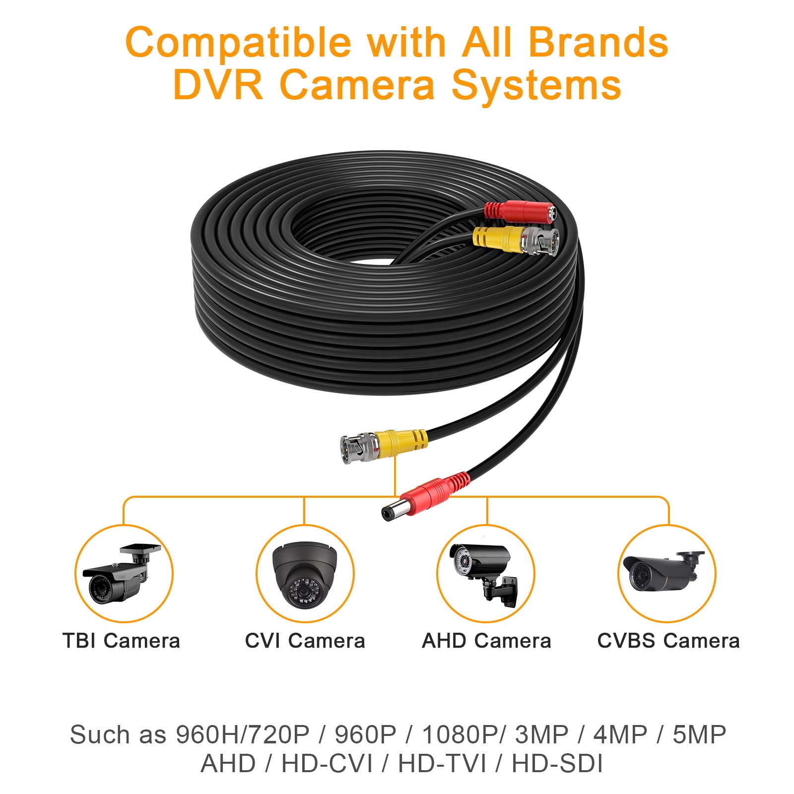 BNC Cable 150ft All-in-One Siamese BNC Video and Power Security Camera Wire, CCTV Cable with 2 Female Connectors for All Max 5MP HD CCTV DVR Surveillance System (150ft Cable,Black)