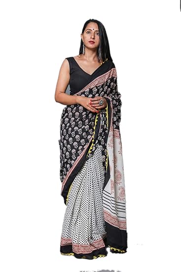 Womens Hand Block Jaipuri Print Cotton Mulmul Saree with Blouse (Multicolour)
