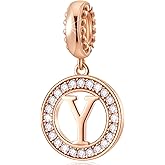 CHAWIN Initial A-Z Letter Charm Bead, Alphabet Charms Rose Gold, Authentic 925 Sterling Silver Charms fit Pandora Charm Bracelets, Necklace, Circle Dangle Charm for Women, Sparkling Clear Stone