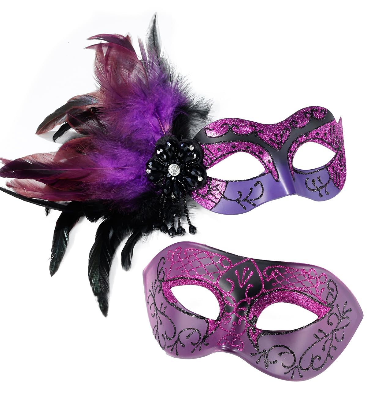 MYSEUNI Masquerade Mask for Couple Purple - Feather Masquerade Masks & Venetian Mask for Mascarade Party, Mardi Gras, Halloween Cosplay Prom, Christmas