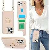 Lipvina for iPhone 13 Pro Case with Card Holder for Women,Crossbody Strap Lanyard,Credit Card Holder,Ring Stand,Snap Clasp,Wallet Case 6.1 inch (Beige)