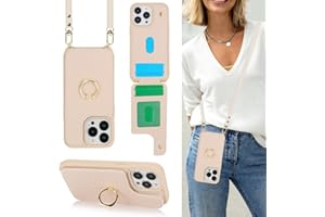 Lipvina for iPhone 13 Pro Case with Card Holder for Women,Crossbody Strap Lanyard,Credit Card Holder,Ring Stand,Snap Clasp,Wallet Case 6.1 inch (Beige)