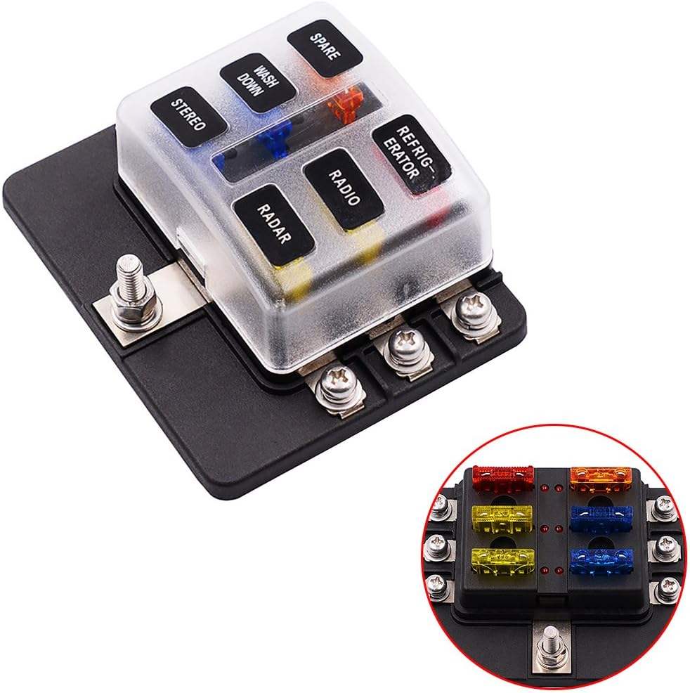 Fansport Fuse Box Fuze Block Waterproof 12-32V 6-Way 5A 10A 15A 20A Free Fuses Holder with LED Indicato