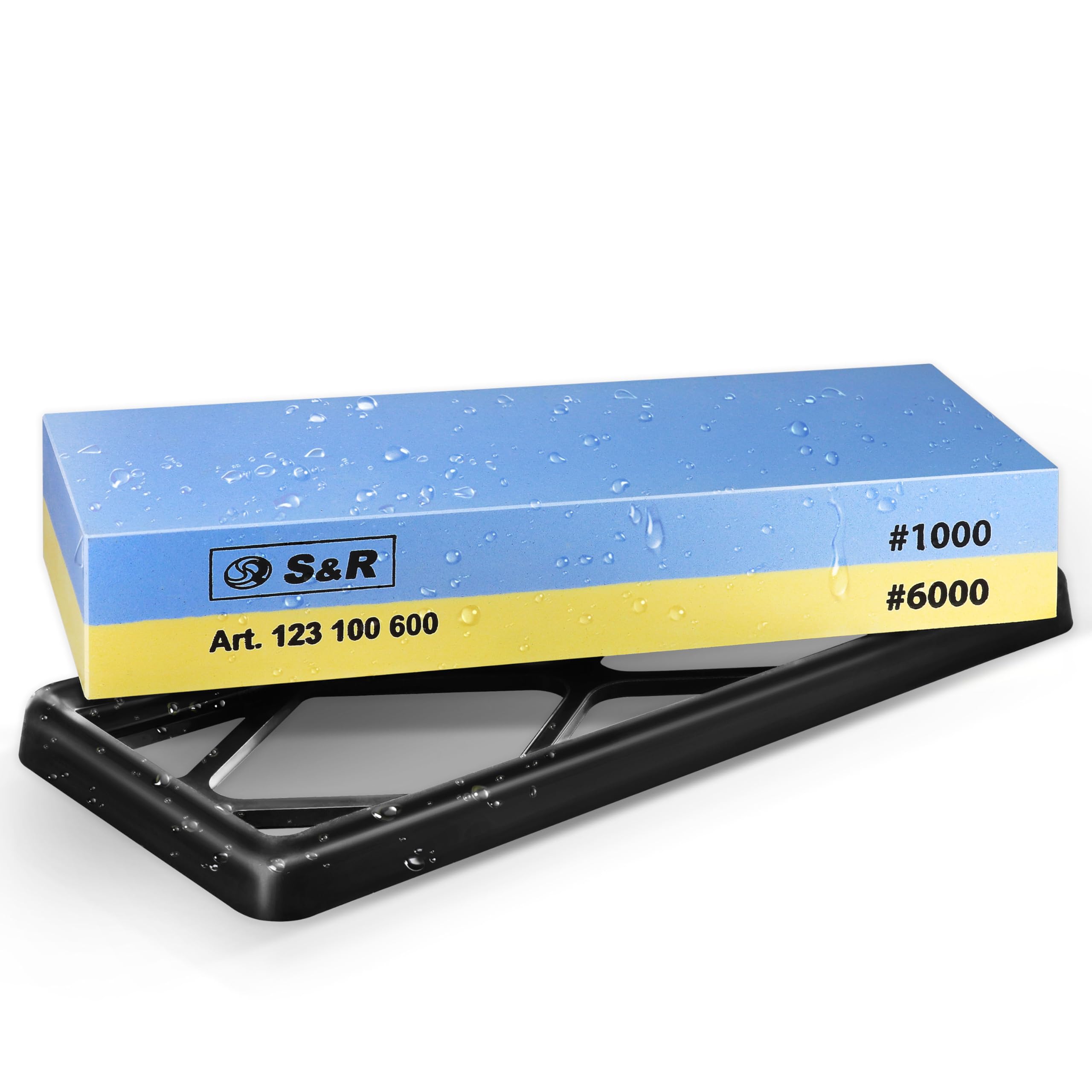 S&R 2-Sided Whetstone Sharpening Stone 18 x 6 x 3 cm with 1000/6000 Grit and Silicone Holder, 100% Corundum