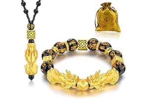 WINAS Feng Shui Bracelet- Obsidian Good Luck Bracelet Necklace Set，Christmas Birthday Gifts for Women Men, 12mm Money Wealth Success Bracelet Pi Xiu Bracelet for Women Men