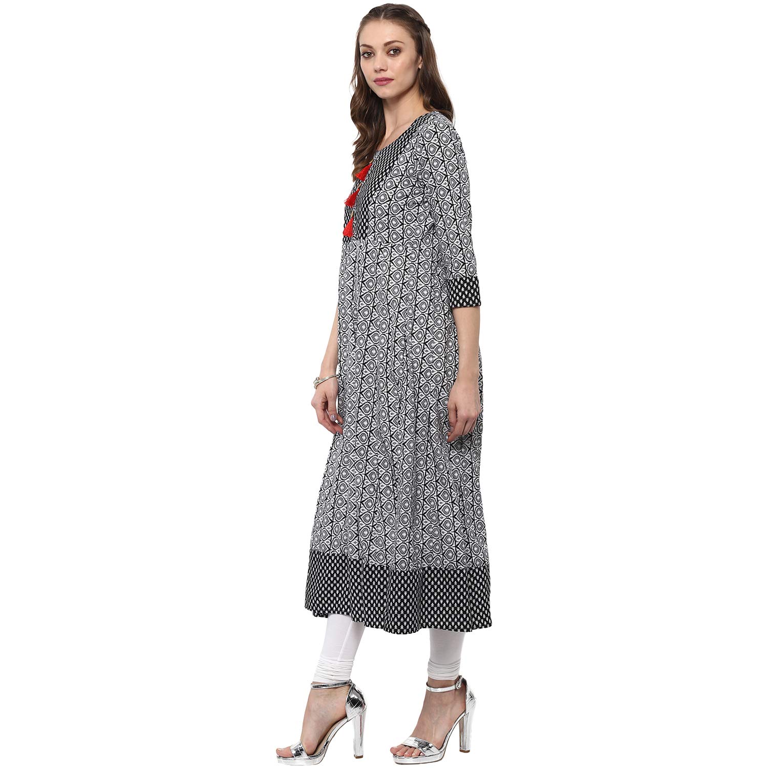 ayan white & black printed cotton anarkali with tassel.