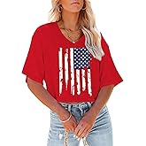 Scgirl Womens Crop Tops Short Sleeve V Neck American Flag Shirts 4th of July USA Flag Shirts Tops