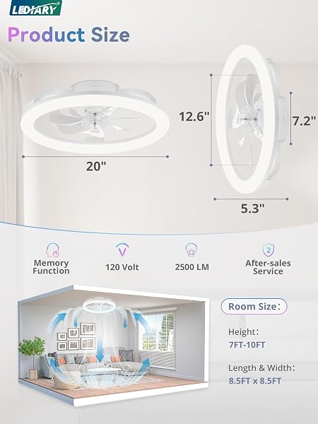 LEDIARY RGB LOW PROFILE CEILING FANS WITH LIGHTS AND REMOTE, 20 INCH DIMMABLE MODERN CEILING FAN(3000K-6000K), 6 SPEED, REVERSIBLE, APP & REMOTE CONTROL, FLUSH MOUNT FAN LIGHT, WHITE RGB CEILING FANS