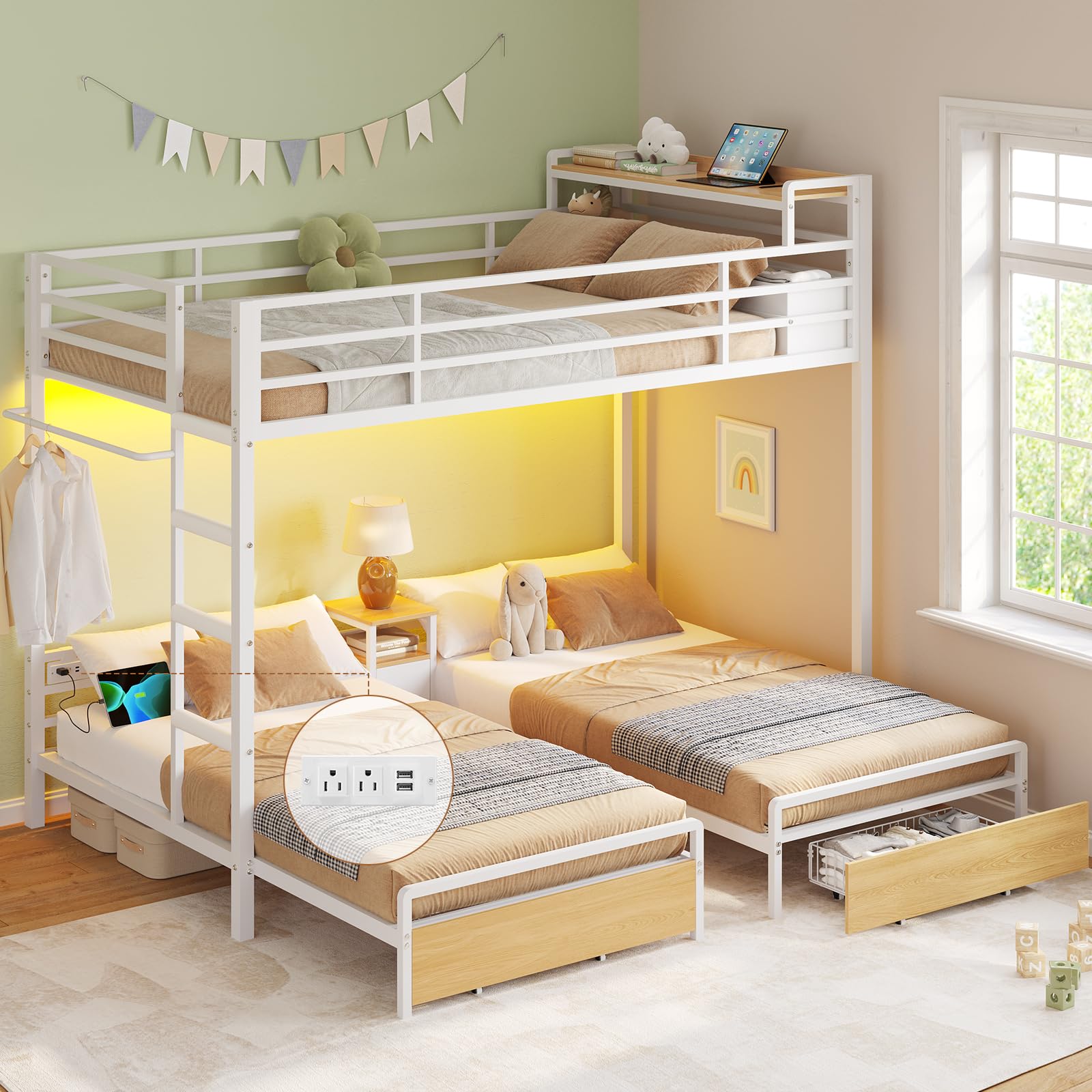 Photo 1 of ***PARTIAL SET ***(BOX 2 OF 2 ONLY)
DICTAC Triple Bunk Bed for Kids with Storage Drawers and Charging Station Twin Over Twin Metal 3 Bunk Bed with Storage Shelves and Box,3 Beds with Guardrails and Ladder ,No Box Spring Needed, White