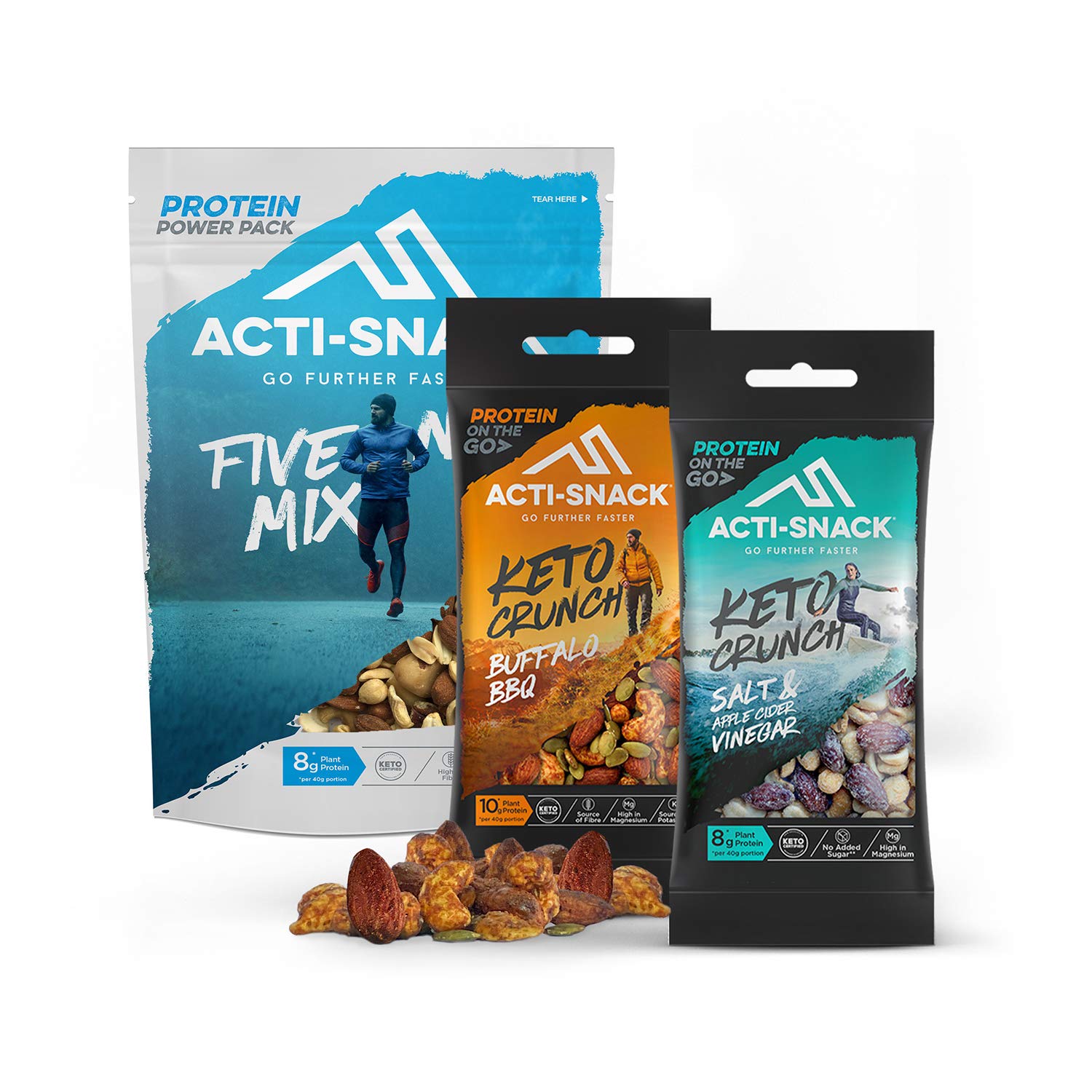 ACTI-SNACK Keto Certified Snack Bundle. Healthy Snacks. Five Nut Mix, Salt and Vinegar Mix, Buffalo BBQ Mix. Keto Certified. No Added Sugar. High in Plant Protein. Vegan. Mixed Case