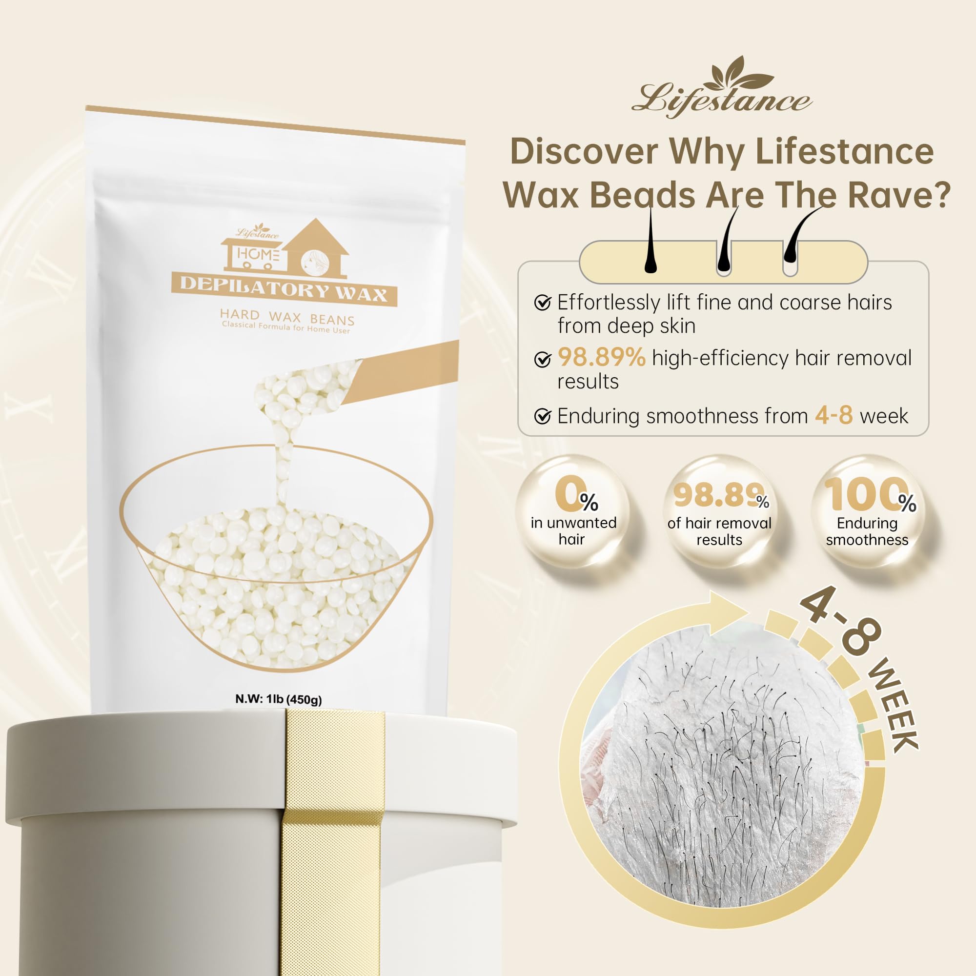 Lifestance Pearl White Waxing Beads, 1lb Unscented Coarse Hair Removal Wax Beans for Face, Eyebrow, Brazilian Bikini, Sensitive Skin at Home for Women and Men