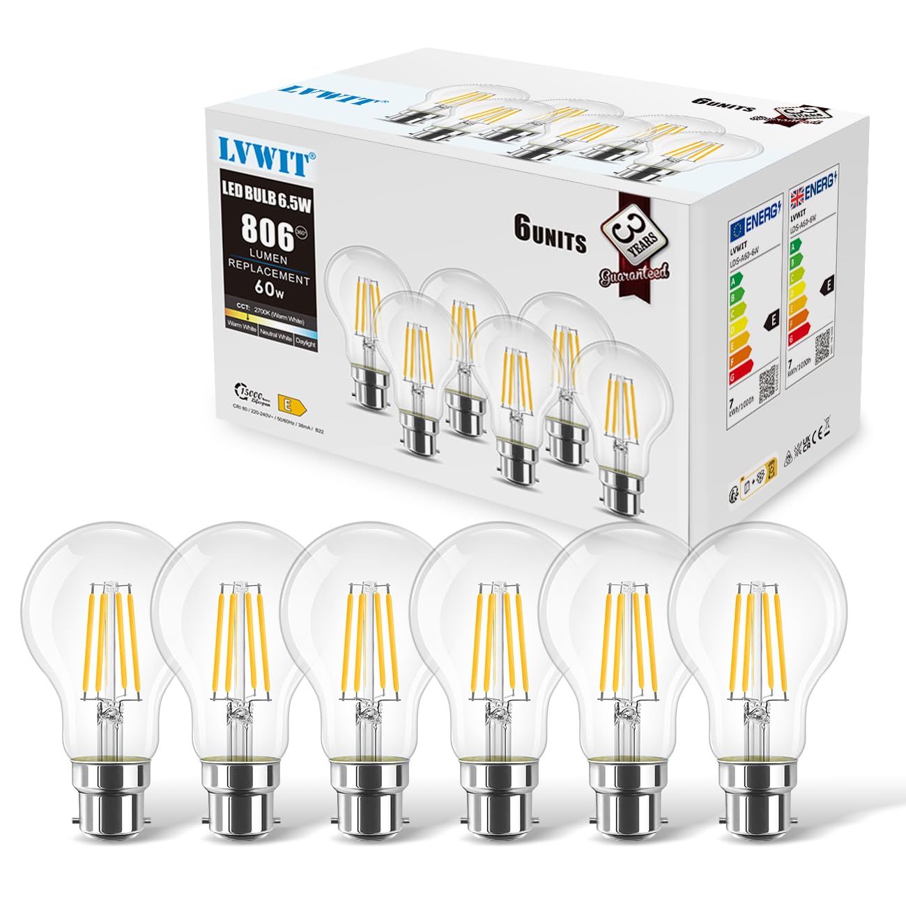 LVWIT B22 LED Filament Bayonet Bulb, 6.5W GLS Energy Saving Bulbs, Retro Glass A60 LED Bulbs,60W Equivalent, 806Lm, 2700K Warm White A60 Clear Filament Bayonet Cap,Non-dimmable (6 PCS)