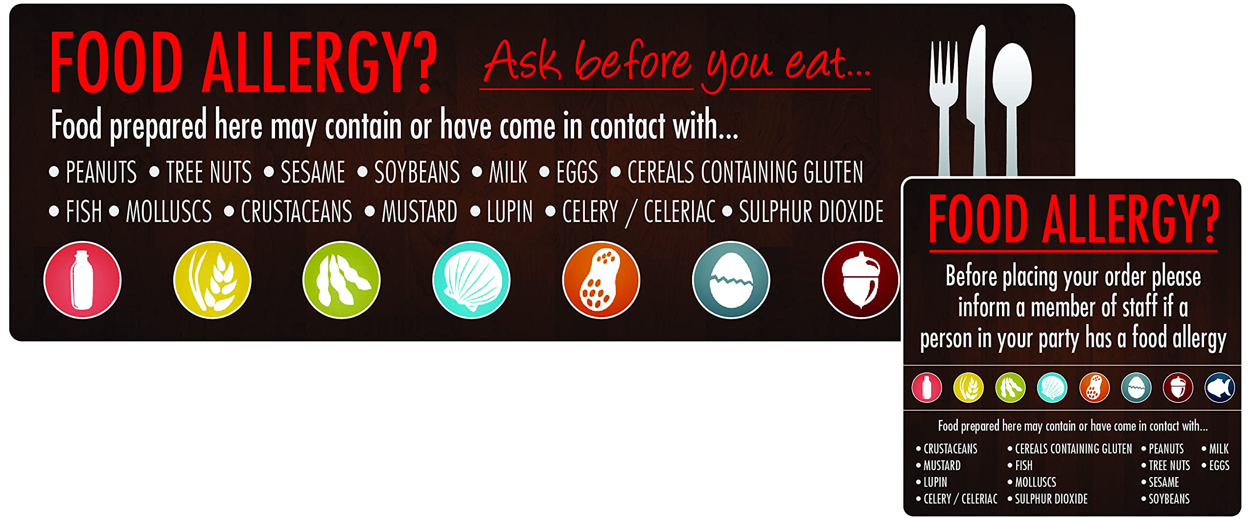 8x Food Allergen Window And Wall Stickers 100x200mm Sign Restaurant