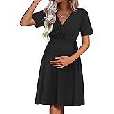 Ekouaer Maternity Nursing Dress V Neck Short Sleeve Breastfeeding Dresses Ribbed Knit Pregnancy Clothes S-XXL