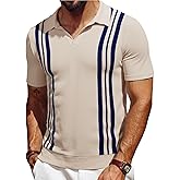 Les umes Mens Polo Shirts Vintage Stripe V-Neck Short Sleeve Knit Cotton Summer Golf Casual Shirts