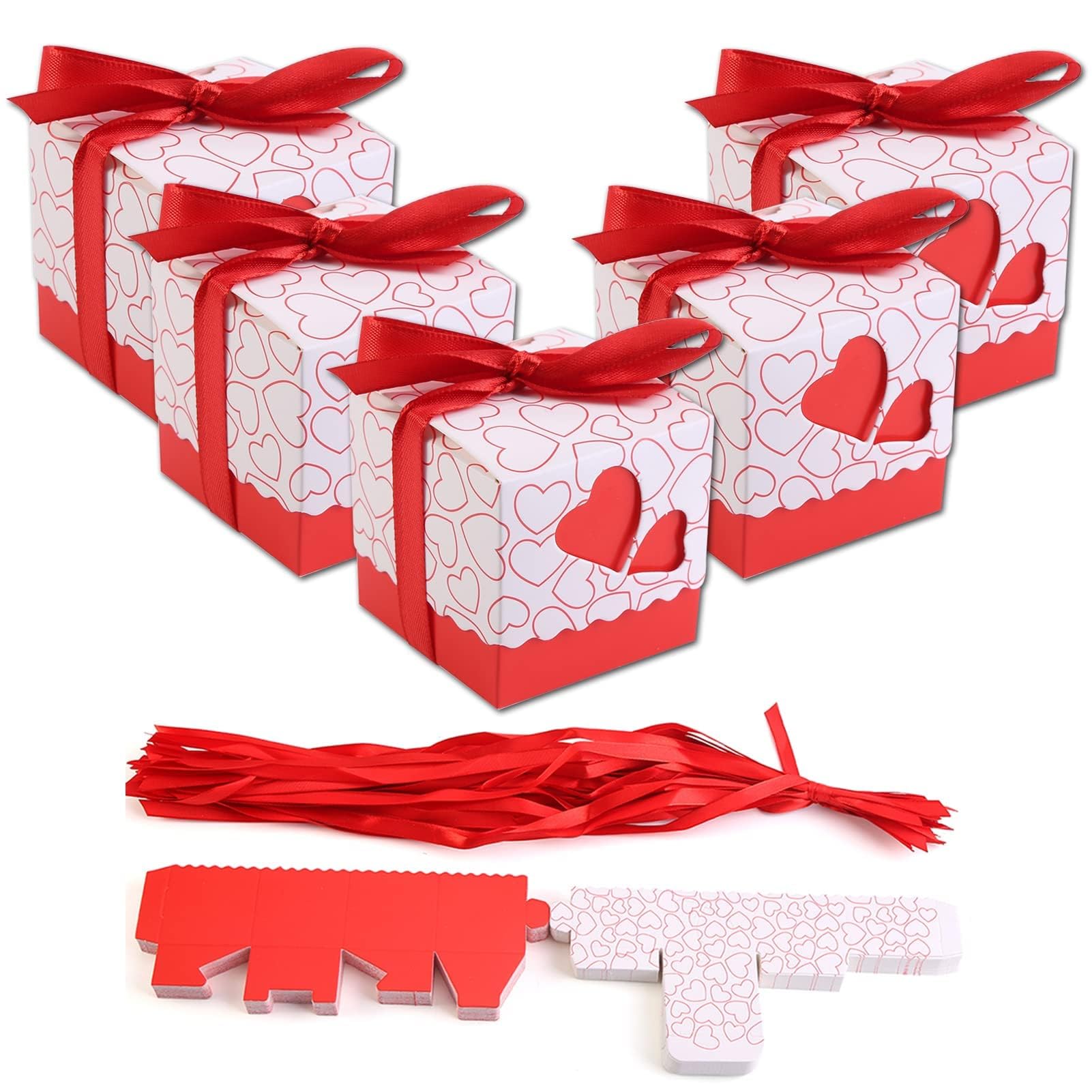 50Pcs Wedding Favour Boxes, Paper Chocolate Candy Box Small Gift Box Creative Paper Treat Boxes with Ribbons for Guests Party Wedding Decoration