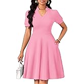 MarryUP Womens Casual Summer Dresses Short Puff Sleeve V Neck A Line Wedding Guest Midi Dresses with Pockets