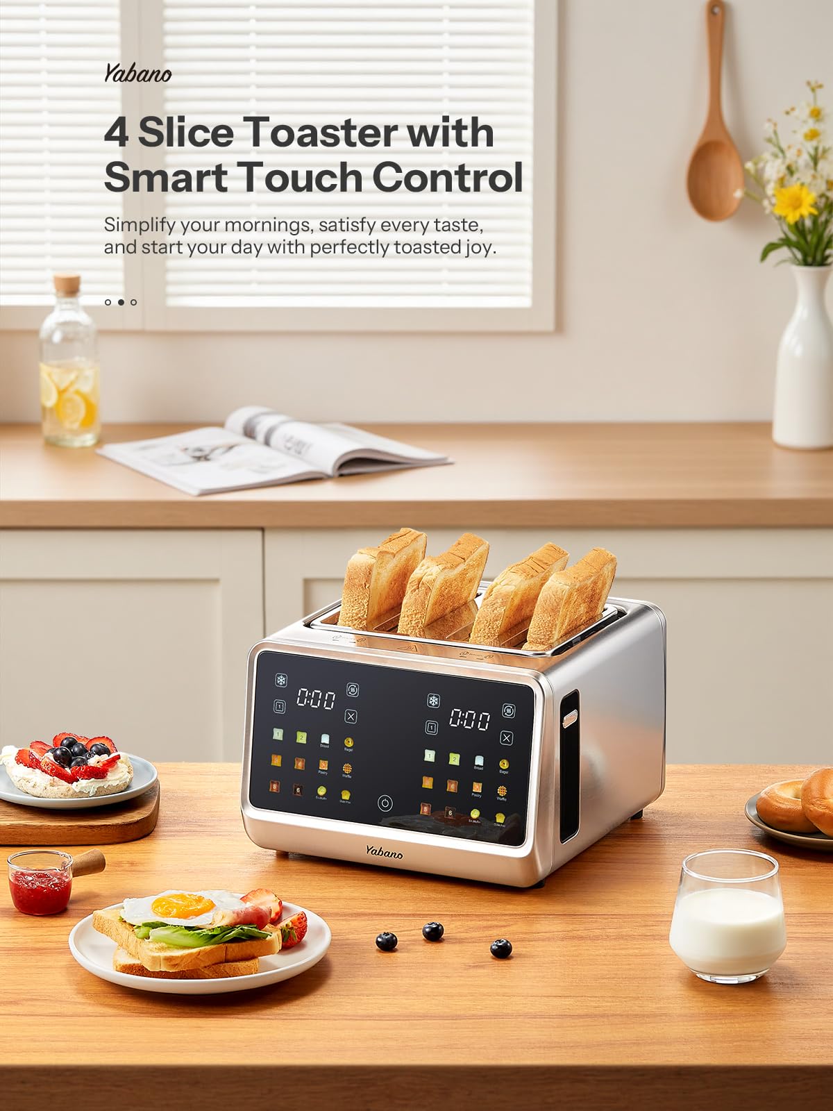 Tostadora Yabano de 4 rebanadas con control táctil inteligente, 6 niveles de sombra y 6 configuraciones de pan, ranura extra ancha para bagels/muffins ingleses, diseño compacto con bandeja recogemigas extraíble