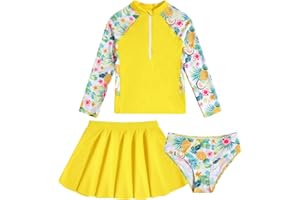 VIEILLE Girls Swimsuit 3-Piece Zipper Rash Guard UPF 50+ Long Sleeve Skirt Set Bathing Suit Size 6-12 Years
