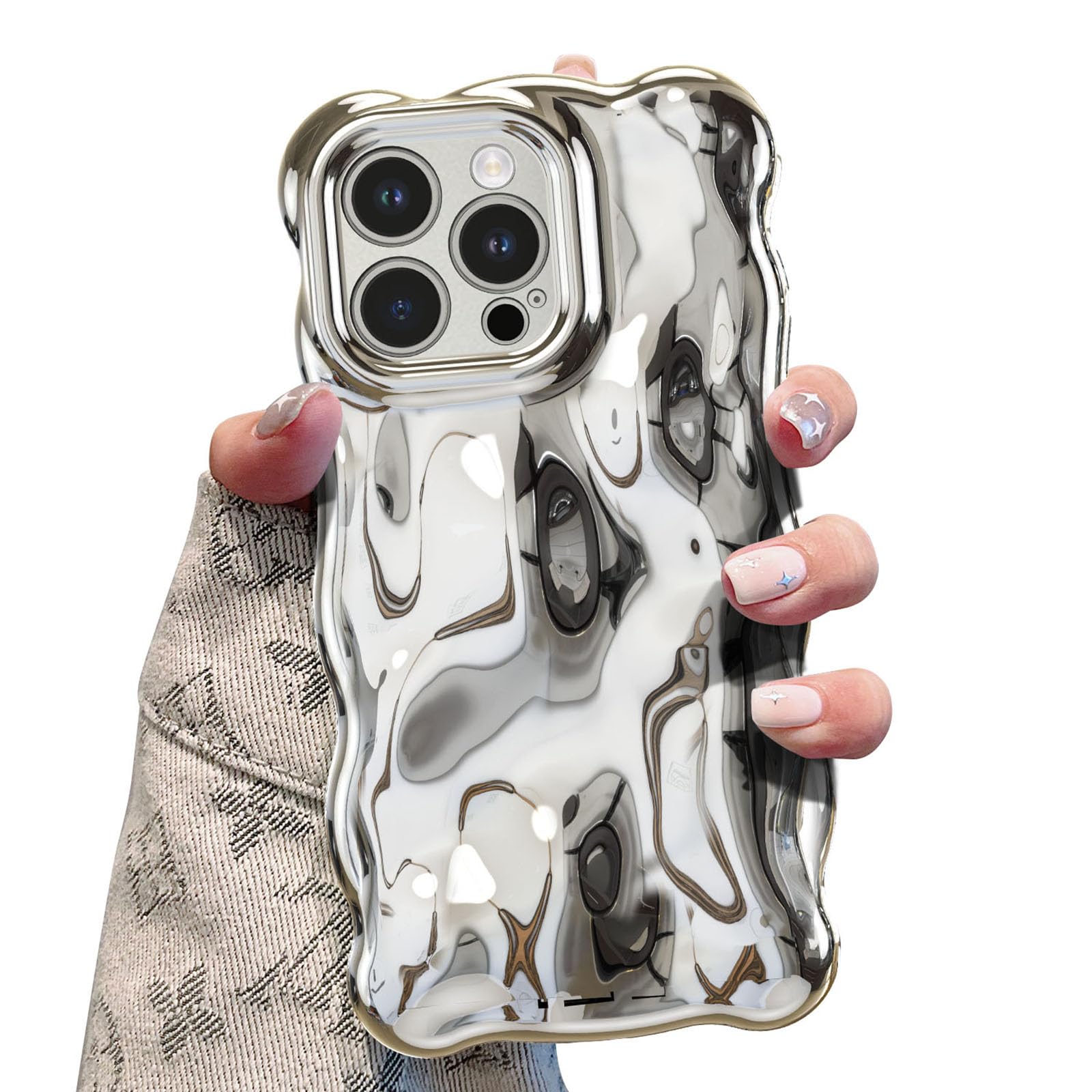 Photo 1 of UEEBAI Ripple Case for iPhone 13 Pro Max, Cute Silver Cover Wave Shape for iPhone Case Pretty Aesthetic 3D Phone Cover, Water Ripple Shell 3D Chrome Design for Women and Girl, Silver